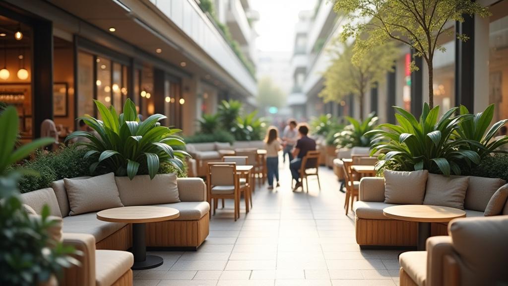 Gemütlicher Sitzbereich im Food Court mit Pflanzen
