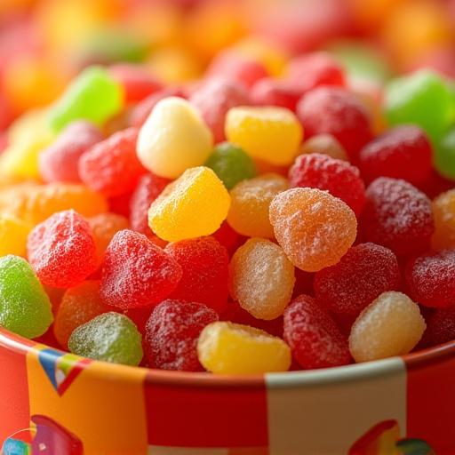 En farverig blanding af importeret slik i forskellige former og farver.